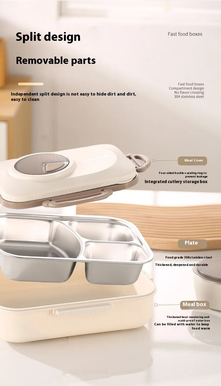 304 Stainless Steel Microwave Safe Partitioned Bento Box - Large Capacity Lunch Container for Students & Office Workers