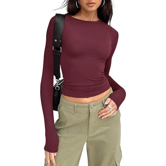 Fashion Senior Women's Long Sleeve Crew Neck Solid Slim Fit T-shirt Crop Top Ladies Daily Streetwear Casual Tee