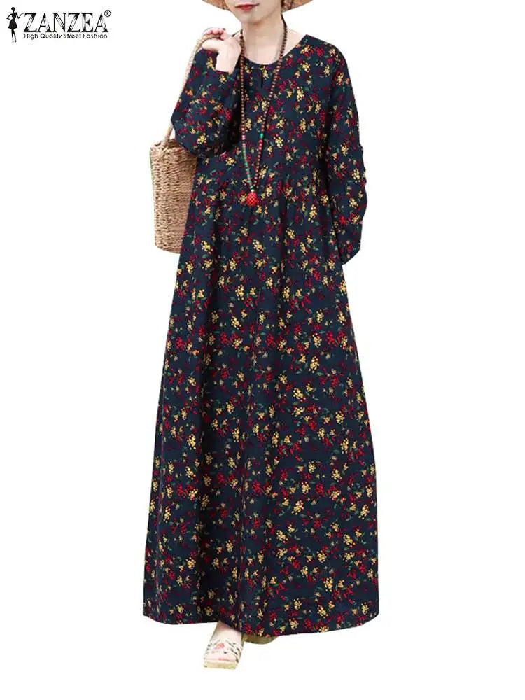 Floral Print Long Sleeve Maxi Dress Women Casual Loose Elegant Vintage Long Robes Holiday O neck High Waist Vestidos