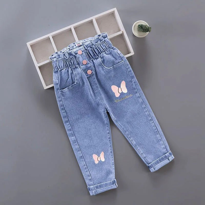 New Spring Kids Jeans Girls Boys Cute Embroidery Cherry Flower Denim Blue Pants Children Outwear Trousers 4-6Y Unisex