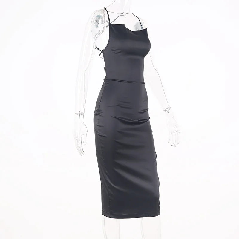 Neon Satin Lace Up Women's Long Midi Dress Light Pink Bodycon Backless Elegant Party Sexy Club Clothes Summer Dinner Outfit