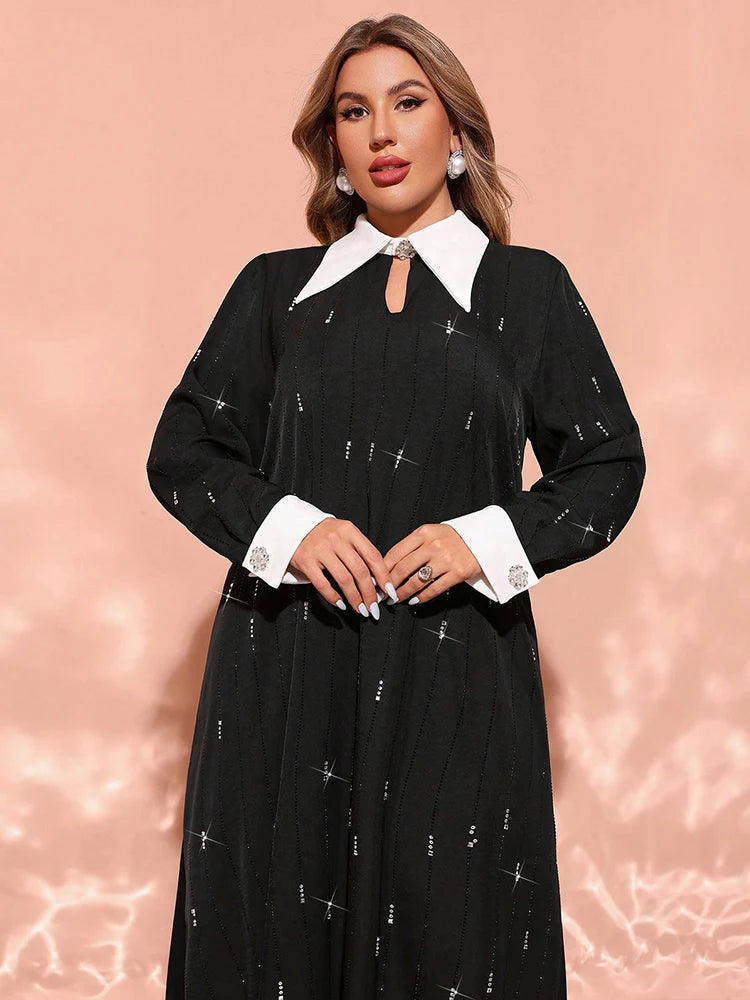 Women's New Plus Size Luxury Elegant Contrast Colour Turndown Collar Long Sleeve Maxi Loose Formal Arabian Party Dress