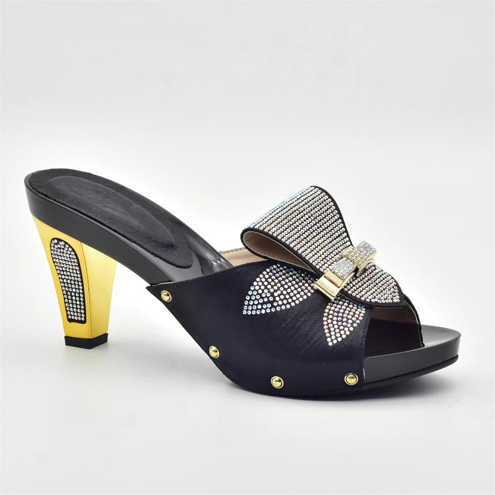 Gold Color Women Slippers Shoes African Women Wedding Shoes Elegant Italian Woman Shoes with Stone High Heels Woman Summer Pumps