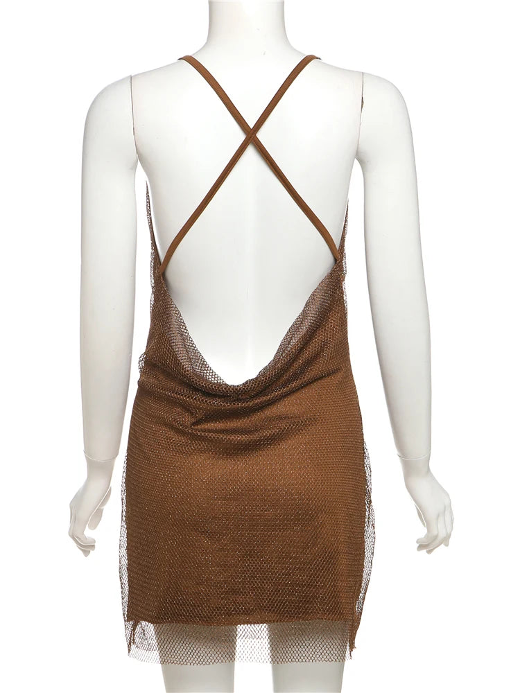Mesh Patchwork Mini Dress Women Swing Collar Sleeveless Backless High Elastic Midnight Club Party Elegant Outfits