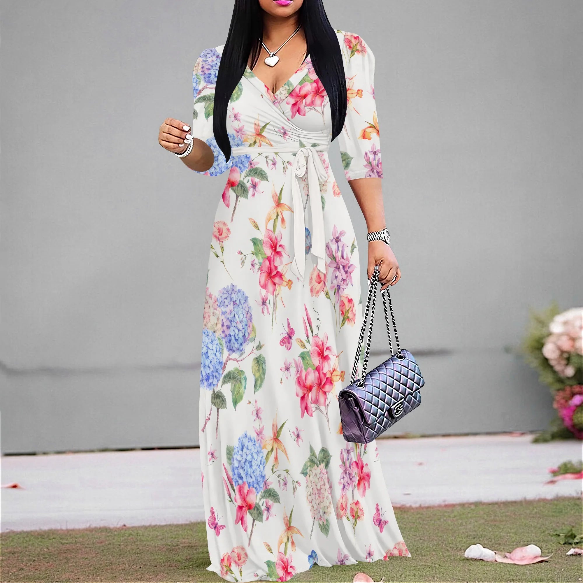 Pastel Floral Maxi Dress Plus Size Long Elegant Beach Holiday V Neck Spring Boho Style