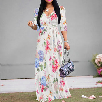 Pastel Floral Maxi Dress Plus Size Long Elegant Beach Holiday V Neck Spring Boho Style