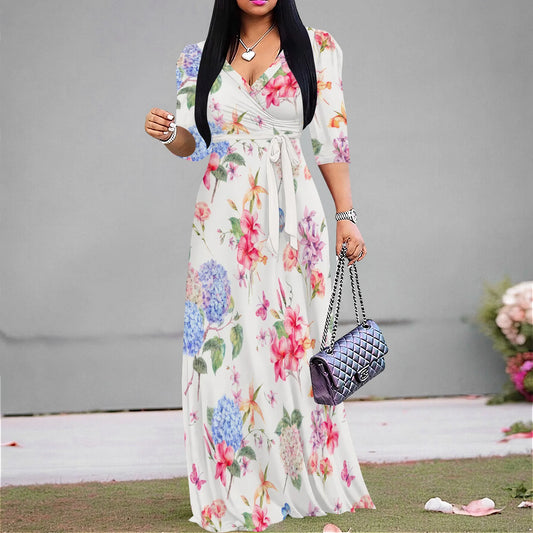 Pastel Floral Maxi Dress Plus Size Long Elegant Beach Holiday V Neck Spring Boho Style