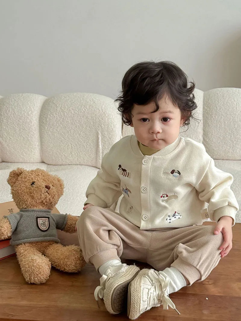 New Autumn Boys Girls Dog Baseball Uniform Cartoon Embroidered Pattern Kids Coat Fashion Children Clothes Pants 9M-5T Unisex