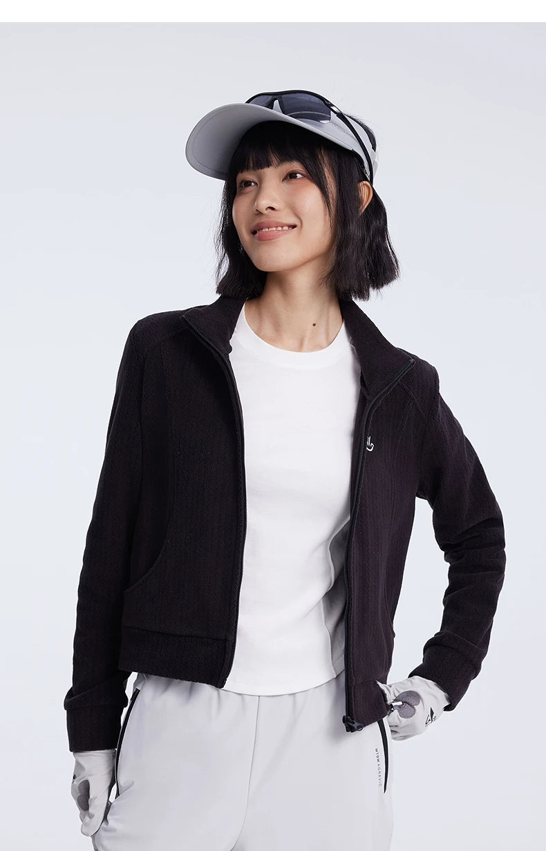 Women's Stand Collar Thermal Polar Fleece Jacket, Integrated Seam Pocket, Silver-Thread Embroidery Short Coats For Ladies