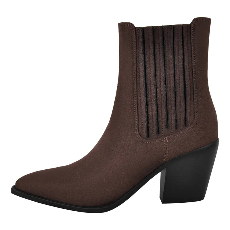 Pointed Toe  Pull-on Western Cowgirl  Boots  Chunky Heel Big Size Ankle Boots