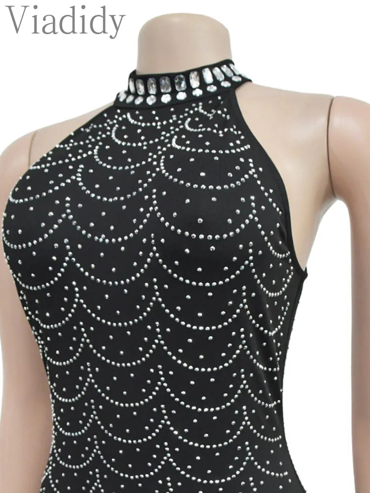 Women's Sexy Sleeveless Halter Rhinestone Decor Floor-length Mermaid Party Dress