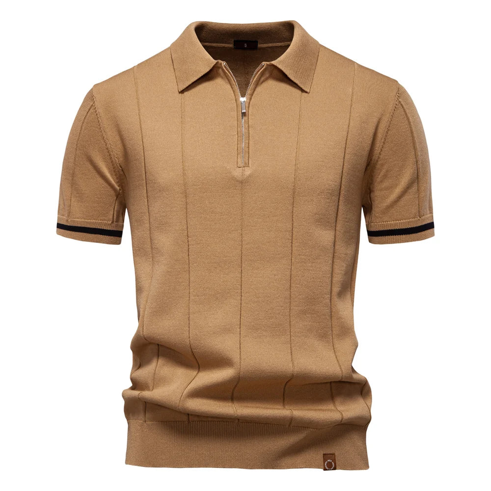 2025 Summer Men's Knit Cotton Polo Shirt - Breathable & Stretch Turn-Down Collar Design for Business Golf and Social Events