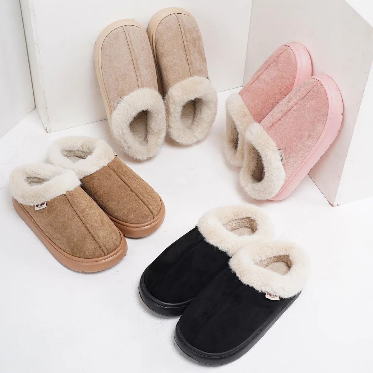 Women's Winter Warm Shoes Platform Fluffy House Shoes With Cotton and Thick Sole Plush Suitable For Couple Slippers