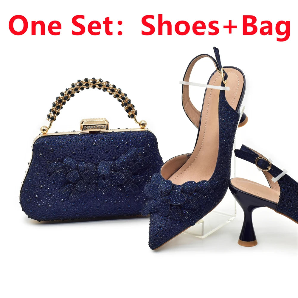 Women High Heel Pointed-Toe Italian Shoes and Bags Matching Set for Ladies Decorated With Rhinestone and Paired with Handmade Petal