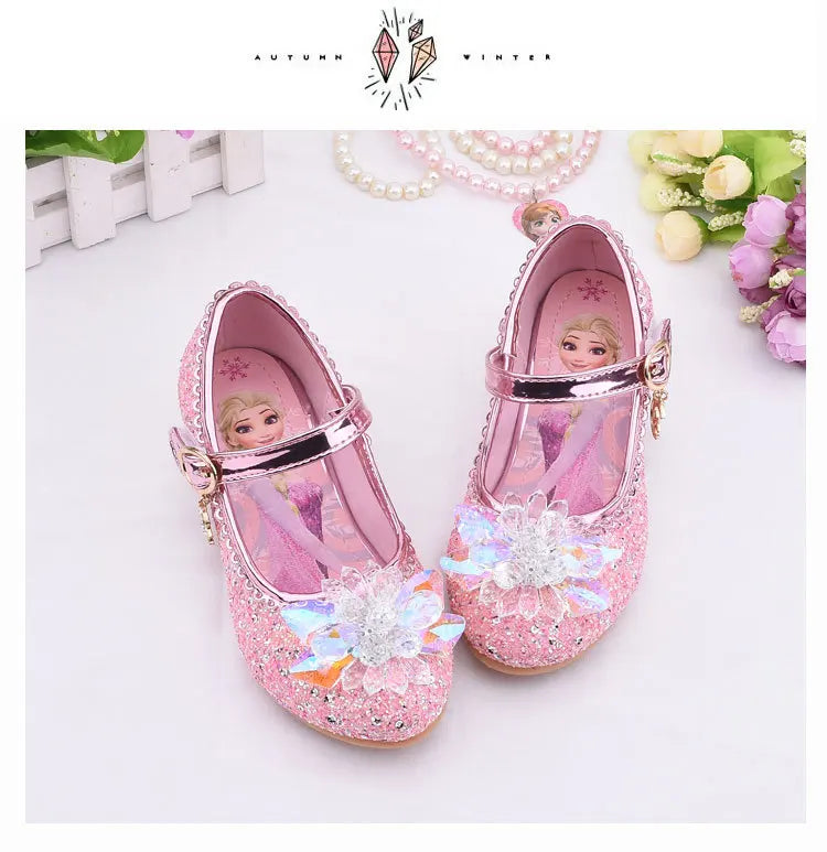 Frozen Elsa Princess Girls Leather Crystal Shoes Glitter Casual High Heels Girls Sandals Pink Blue Silver Elsa Shoes