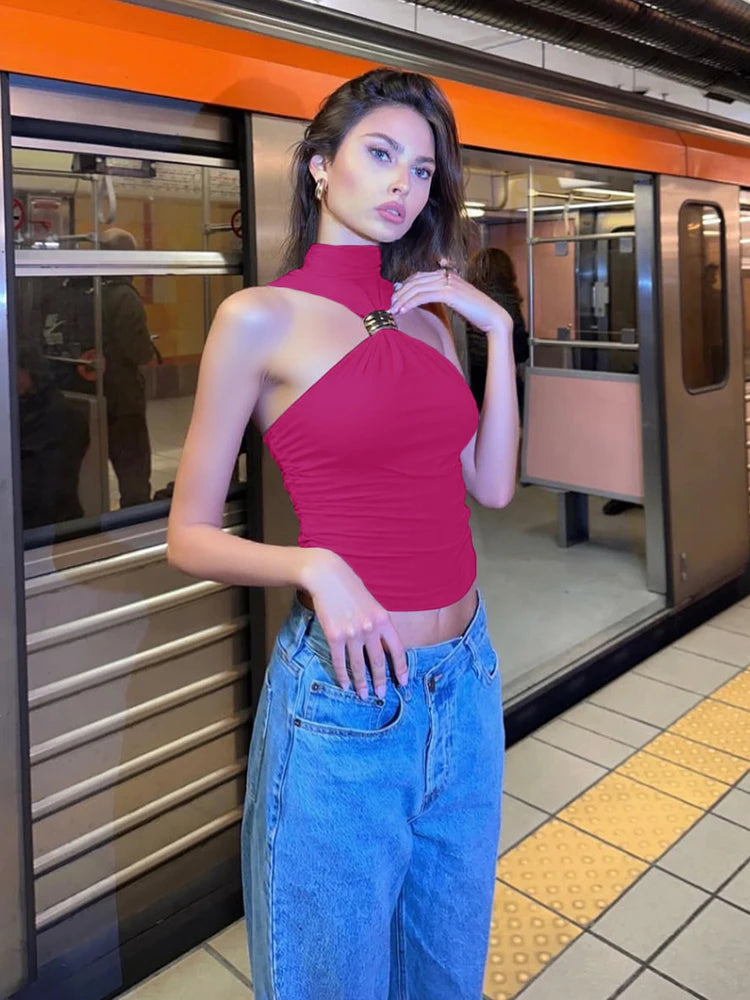 Metal Patchwork Women Fashion Tank Tops Summer Trend Ruched Turtleneck Beach Party Solid Simple Casual Elegant Outfits