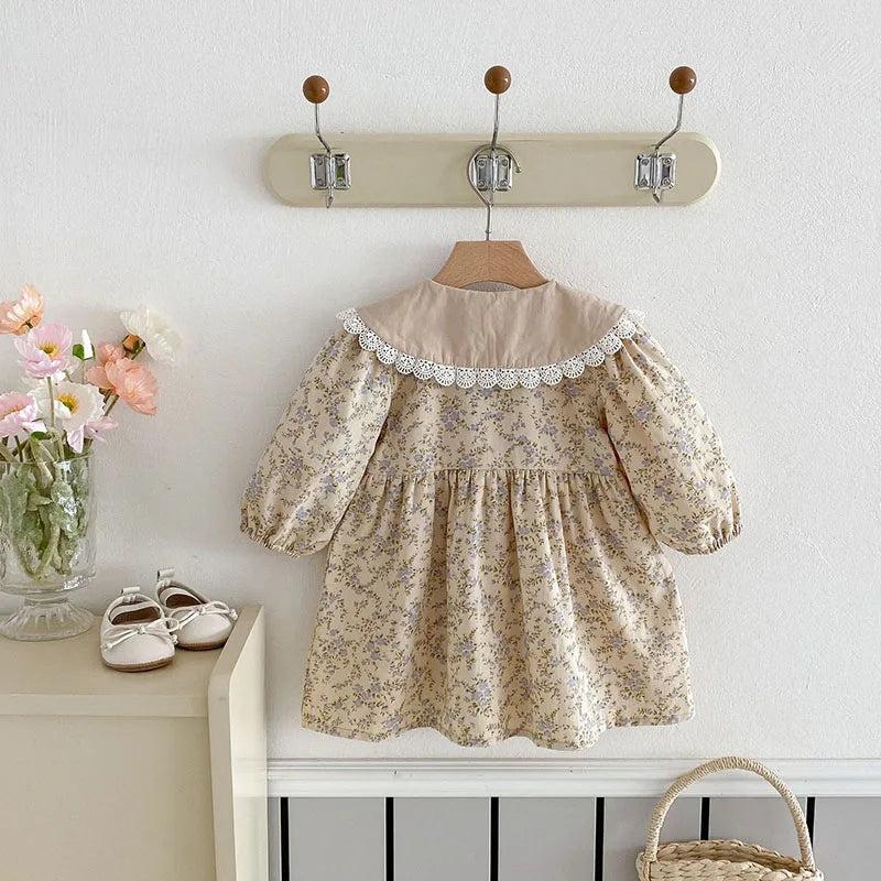 New Spring Girls Floral Dress Kids Cute Lace Doll Collar Princess Dress Children Sweet Flower Clothes For Kids 1-3Y Girls
