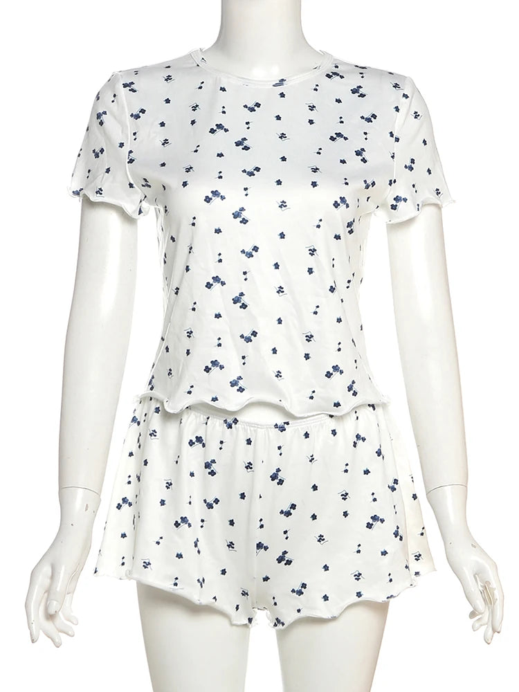 Floral Print 2 Piece Set Women o-Neck Short Sleeve T-Shirts+Folds Skinny Shorts Matching Casual Simple Ruffles Suits