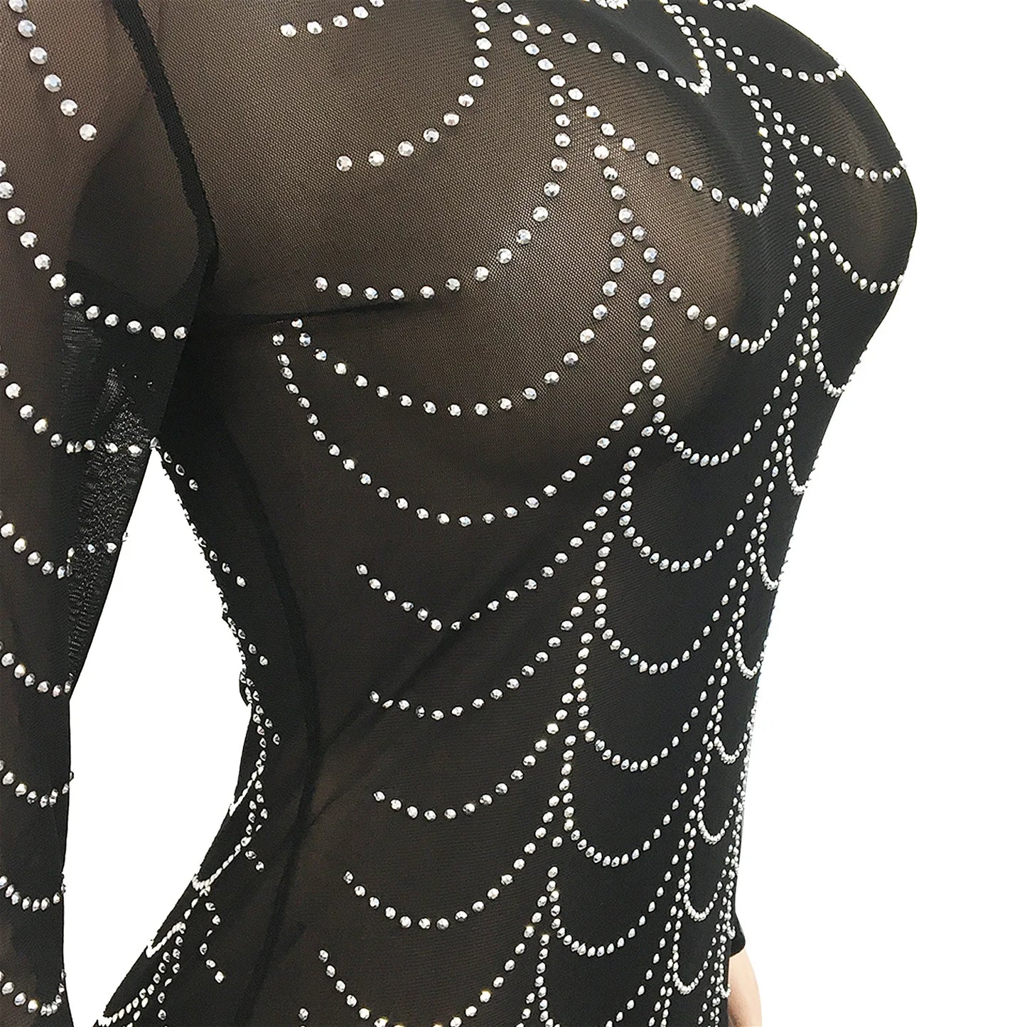 Sexy Rhinestone Sheer Mesh Long Sleeve  Party Dress