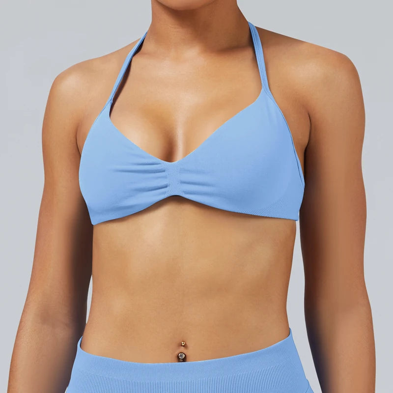 Seamless High Support Impact Yoga Bra Women Strappy Sport Bra Thin Strap Halter Workout Tank Fitness Top Gym Wear