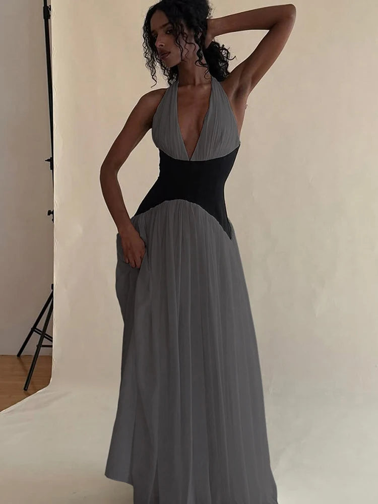Elegant Contrast Patchwork Dress Women Halter Low-Neck Backless Ruched Ruffles Hem Vacation Beach Party Long Bodycon