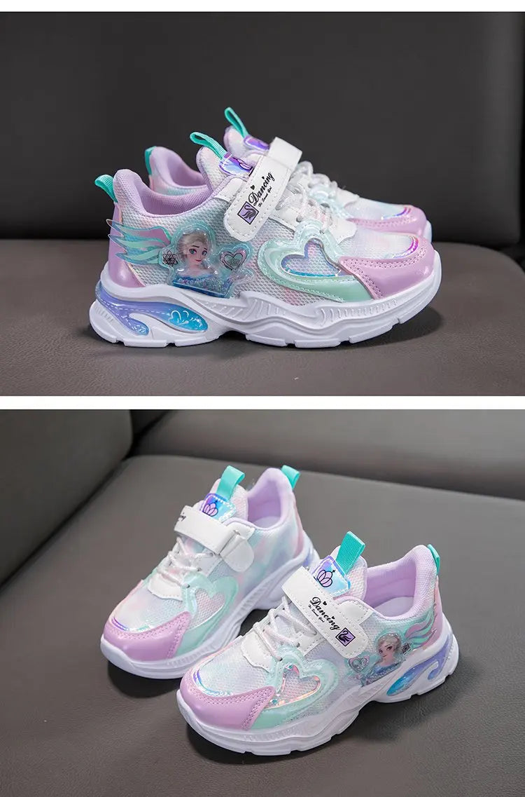 Girls' Casual Shoes Frozen Princess Elsa Sneakers Mesh Leather White Breathable Sole Children's Sport Shoes Size 26-37