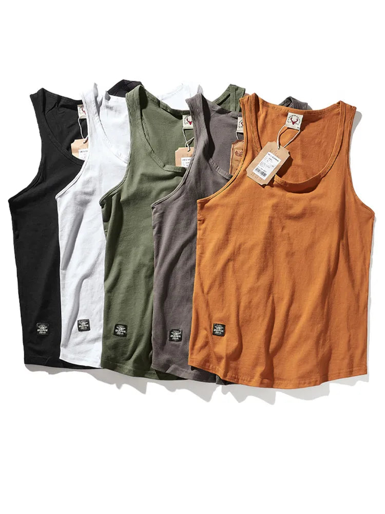 2023 Summer New American Retro Sleeveless O-neck Solid T-shirt Men's Fashion 100% Cotton Washed Old Casual Sports Vest Tops