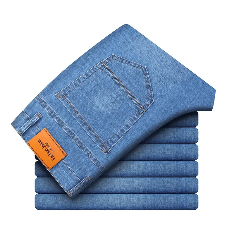 2025 Dunne of dikke stoffen kantoor- en zakenjeans voor heren, klassiek blauw, zwart, katoenen stretch, rechte denimbroek, herenmerkbroeken