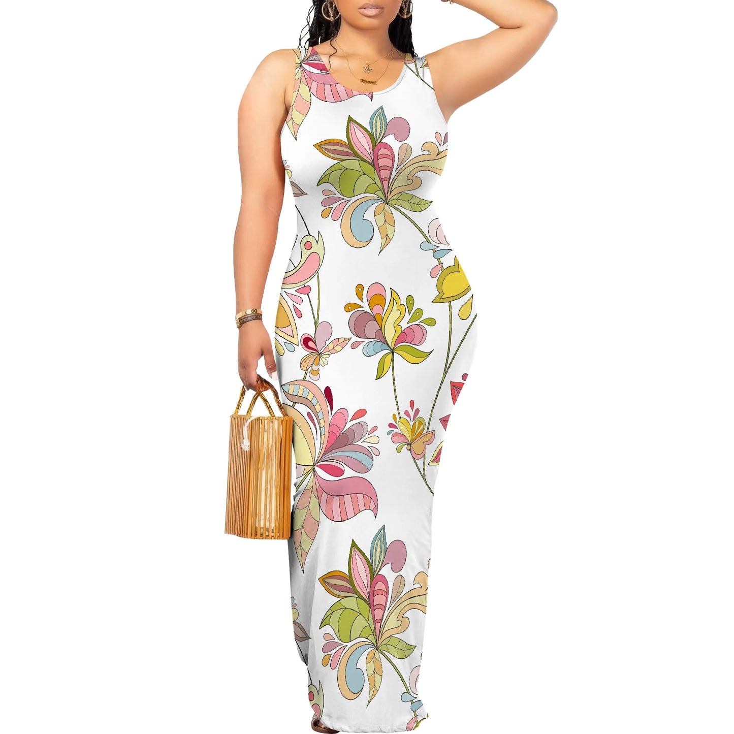Orange Lily Print Sleeveless Maxi Dress for Women Elegant Floral Bodycon Long Dress for Summer Vacation Party