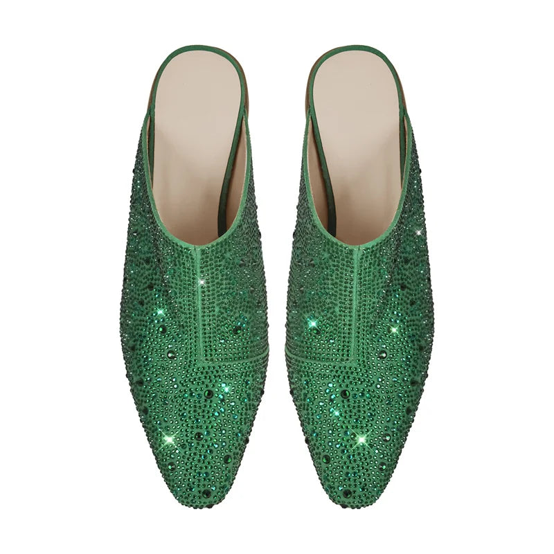 Women Pointed Toe Rhinestone Mules Glitter Bling Shiny Pretty Sparkly Gorgeous Chunky Heel Slip On Summer Slipper