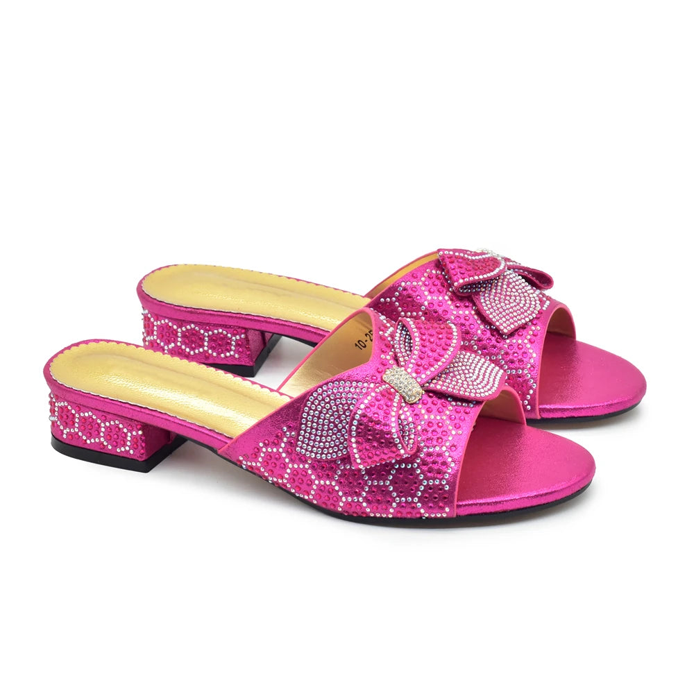 Women Bow Pumps Decorated with Rhinestone Slip-On Peep Toe Low Heels Ladies Dress Party Shoes for Bride's Wedding