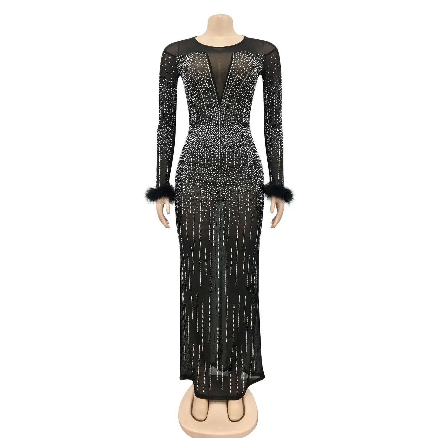 Sexy See Through Sheer Mesh Rhinestone Feather Long Sleeve Maxi Party Dress
