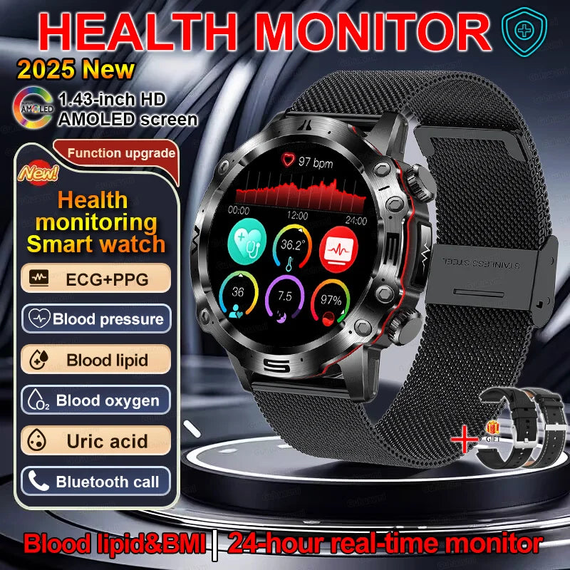 2025 Nieuwe Smart Watch Monitoring Bloeddruk Urinezuur ECG + PPG Fitness Tracker Klok Bluetooth Call Health Smartwatch Voor Mannen