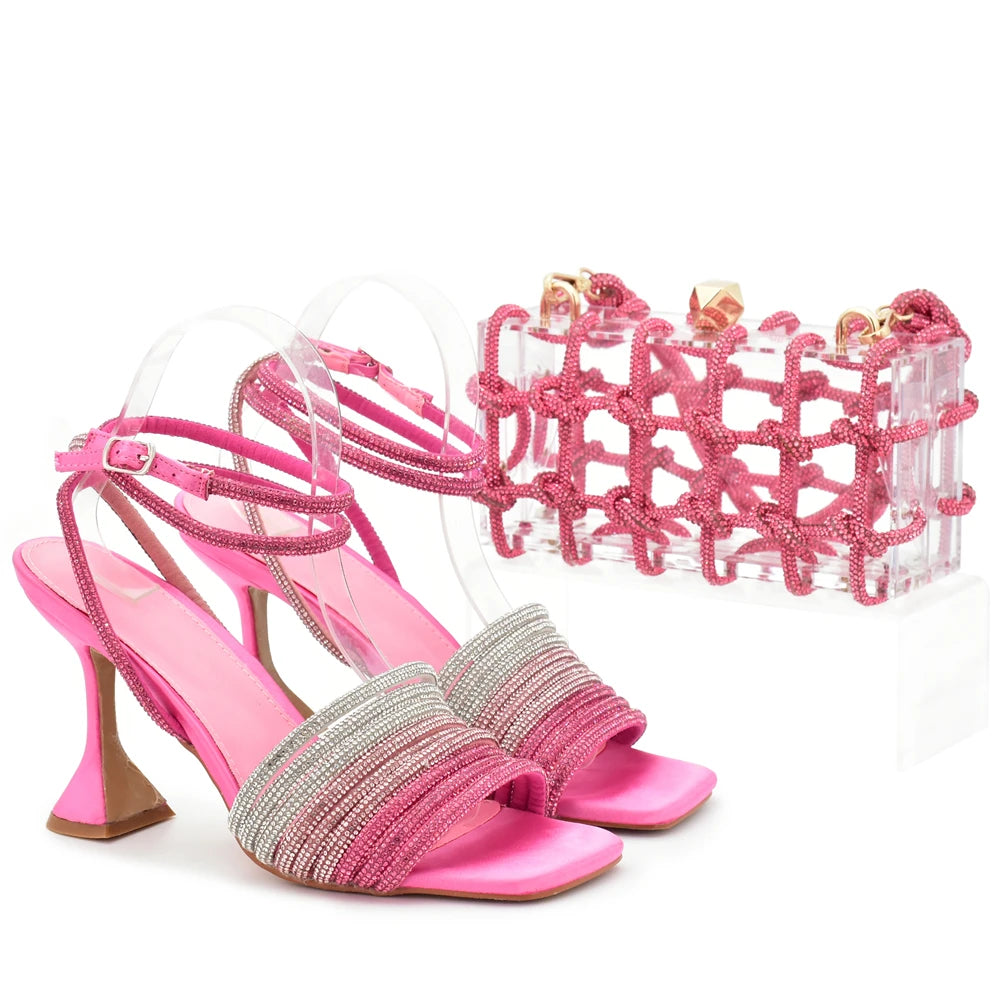 African Shoe and Matching Bag  Set Decorated with Rhinestone High Heels for Women