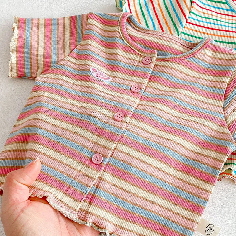 New Summer Girls Colourful Striped Cardigan Kids Short-Sleeved Knitted Sweater Children Cute Lace Bow Jeans 0-5Y Girls