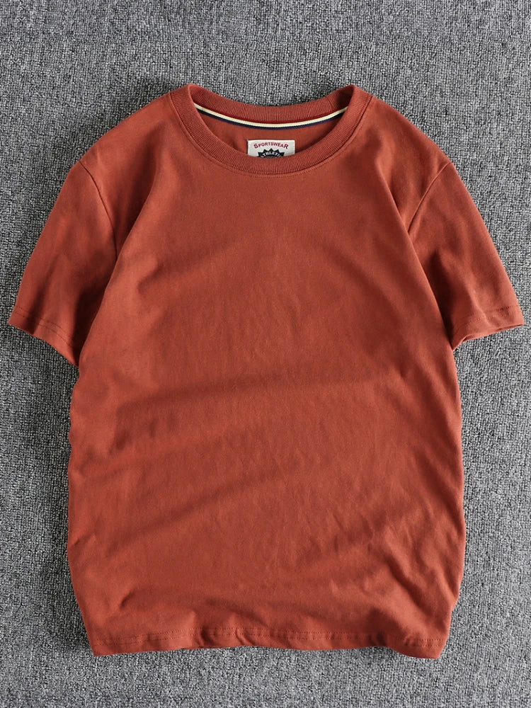 Summer New American Retro Short-sleeved O-neck Solid Color T-shirt Men's Fashion Simple 100% Cotton Washed Casual Sport Tops