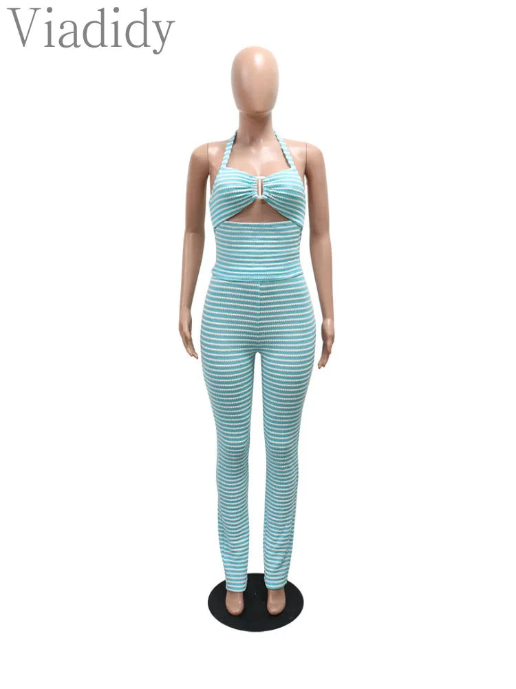 Women's Sexy Halter Backless Striped Sleeveless Top and High Waist Pencil Pants 2pcs Set