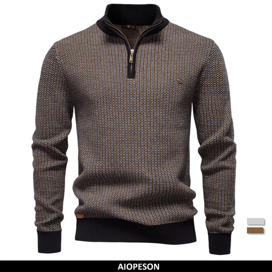 Men's Classic Striped Knitwear Cotton Blend Sweater Mock Neck Warm Thickened Luxury Winter Male Sweaters