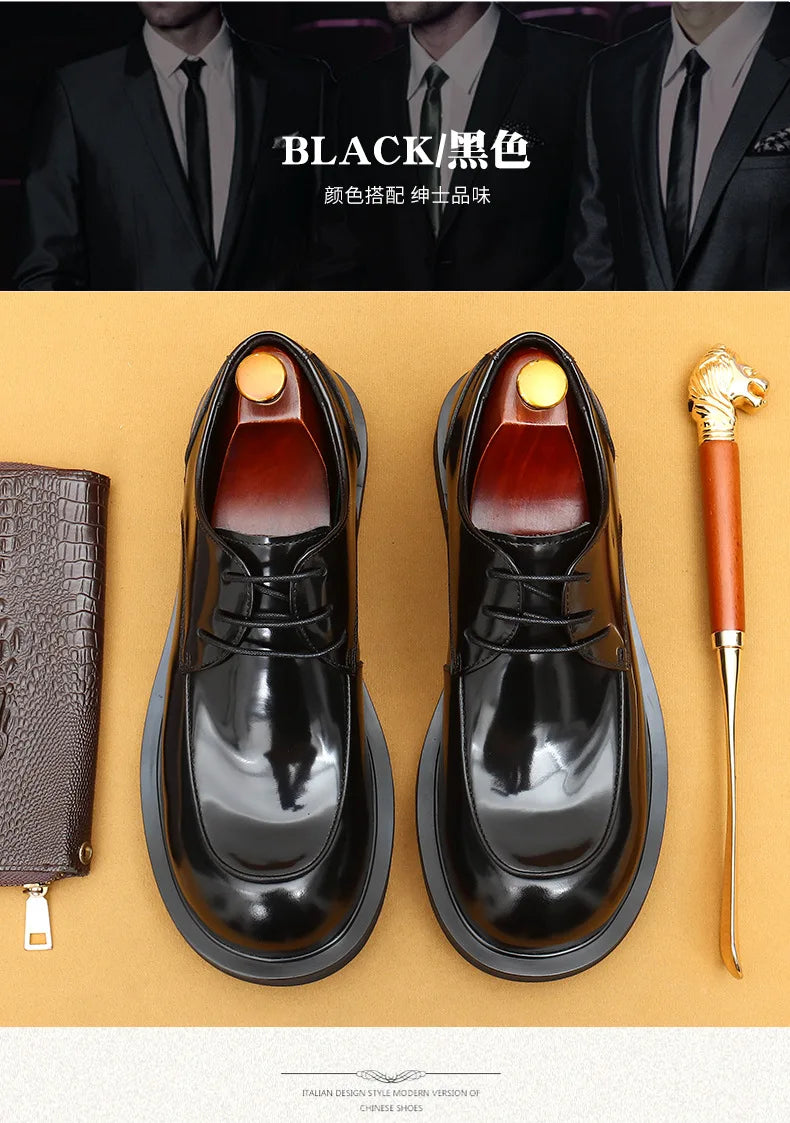 Men's business lace up casual leather shoes British big toe shoes cowhide patent leather round toe derby shoes Retro men's shoes