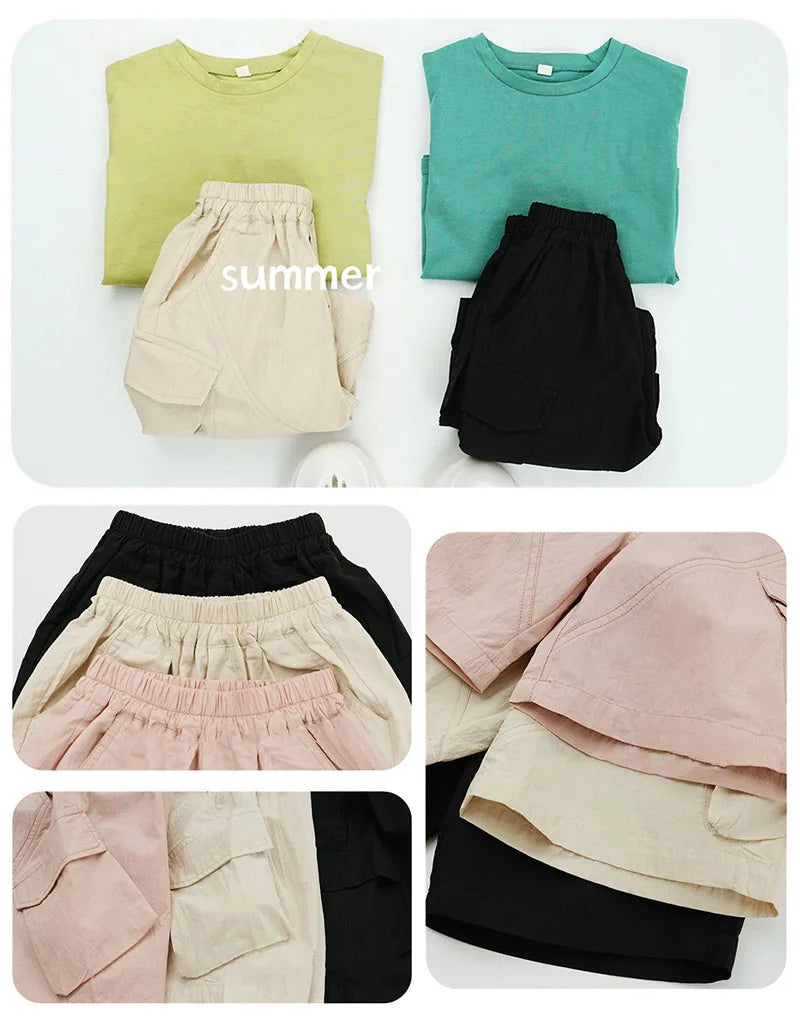 Zomer kinderoveralls schattige effen kleur zak jongens vijfkwart broek kinderen elastische taille meisjes werkkleding kort 1-6T unisex