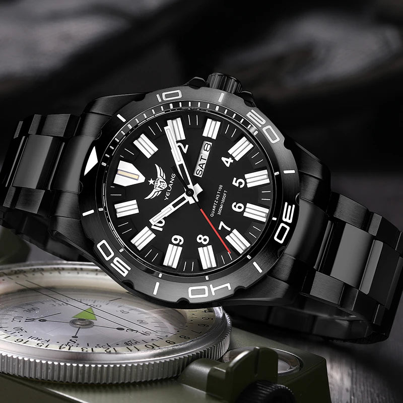 Yelang 42mm Men's Quartz Watch Ultra Long Range 10-Year Battery Life 30ATM Waterproof Stainless Steel Band Swiss Movement