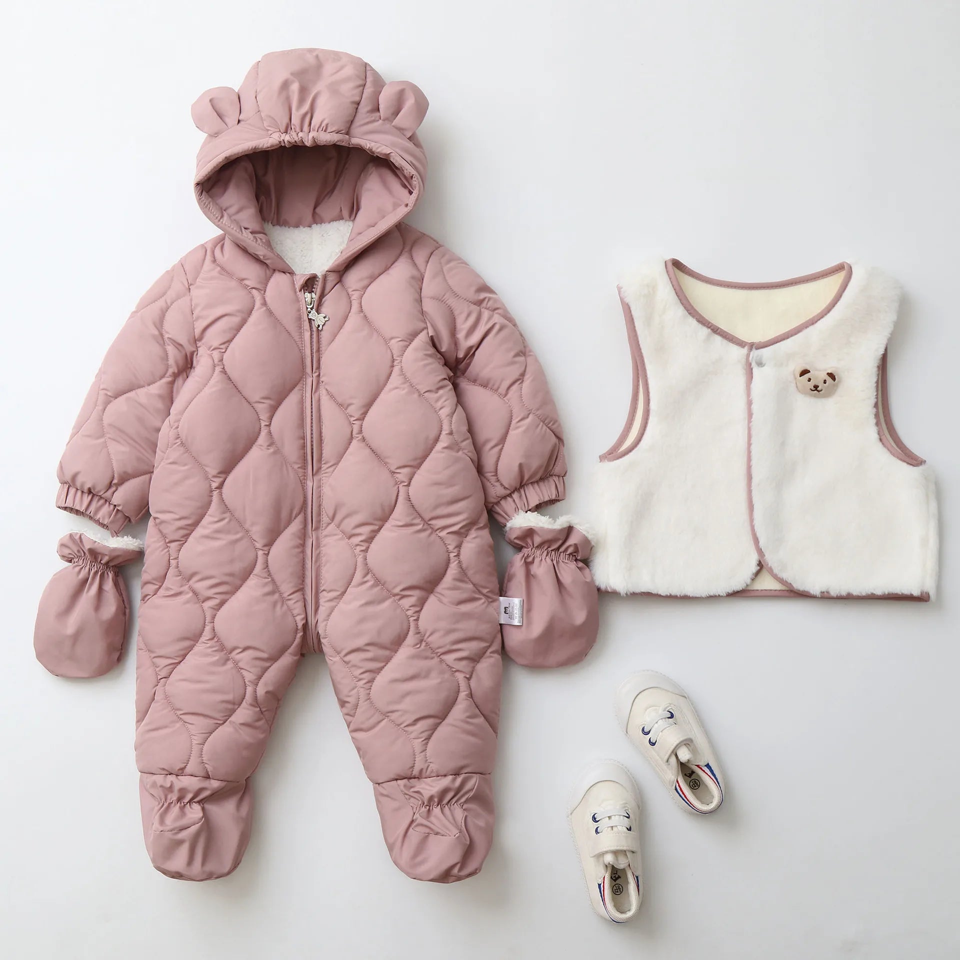 Baby's 2Pcs Winter Warm Clothes Thicken Fleece Rompers Jumpsuits Fur Lining Footie and Vest Snowsuit For Toddlers 0-2Y