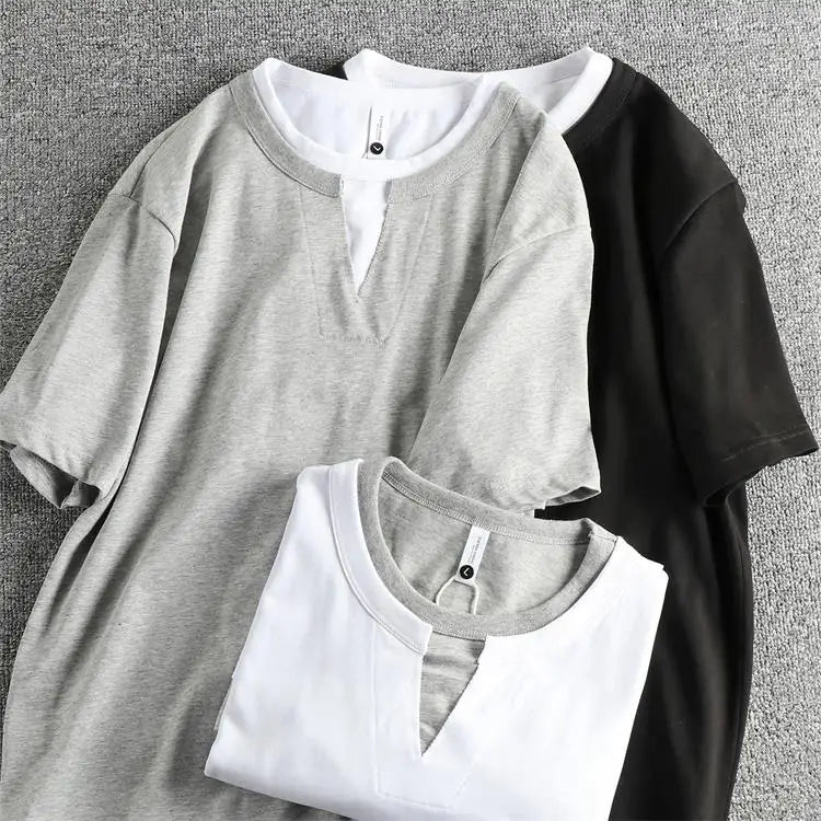2025 Summer American Retro Short Sleeve V-neck Fake Two Pieces Solid Color T-shirt Men's 100% Cotton Washed Youth Casual Tops