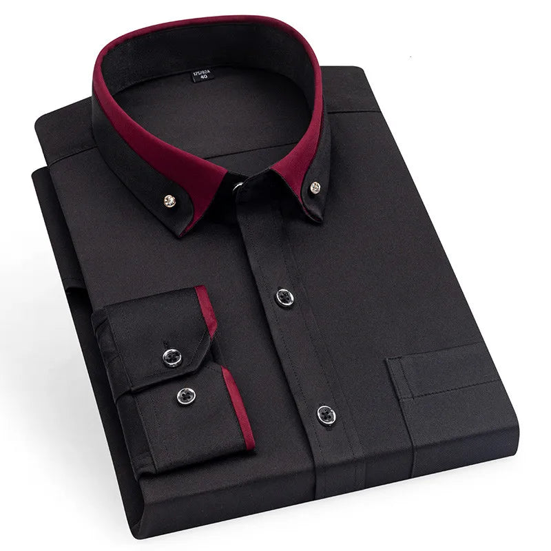 Men's Double Collar Shirt Long Sleeves Fashion Formal Classic Business Dress Shirt Black Casual Slim Fit Breathable Non-Iron Top