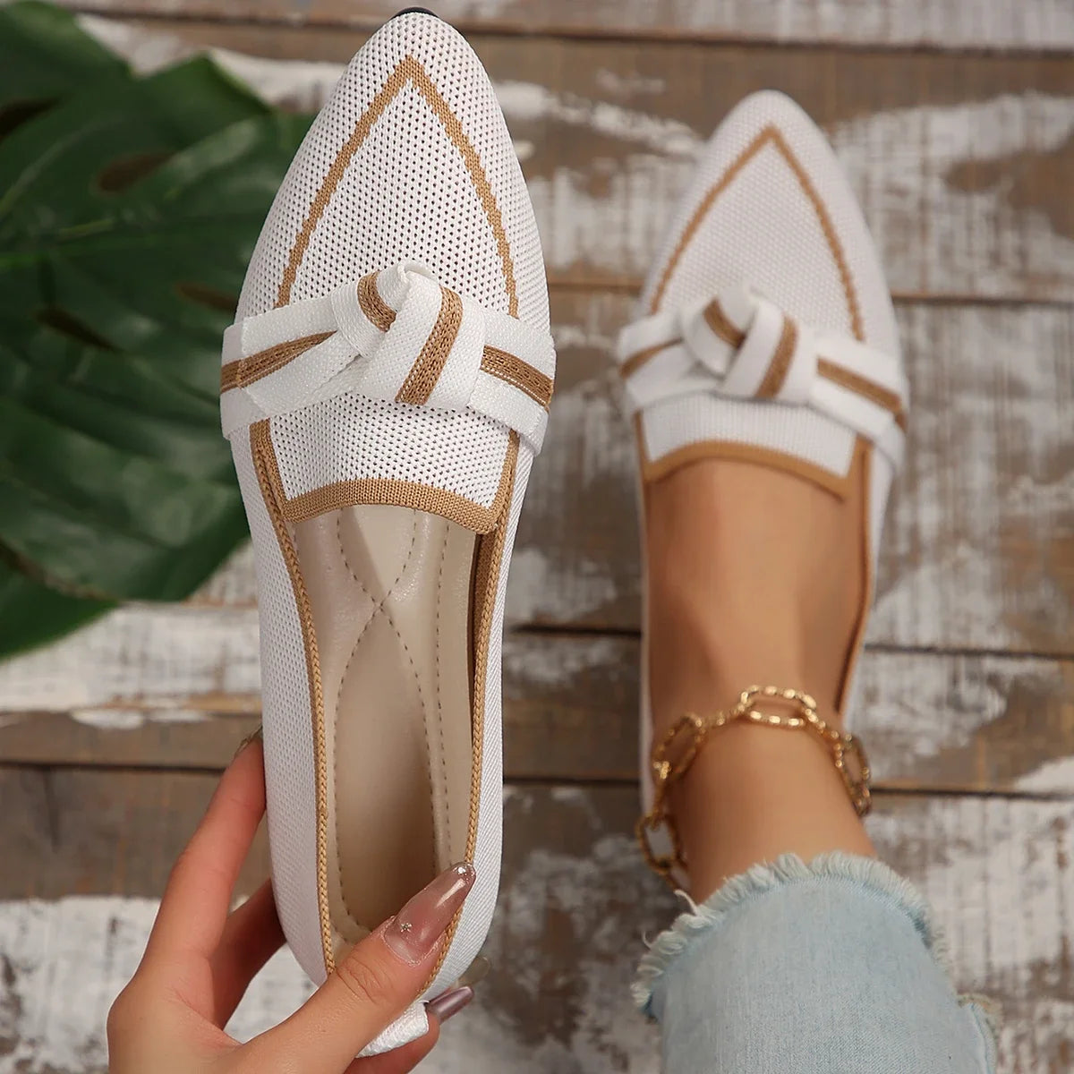 Women's Spring and Autumn Outfit Pointed Flat Breathable Casual Knot Shoes Women's Blue Pregnant Women's Low Heel Moon Shoes