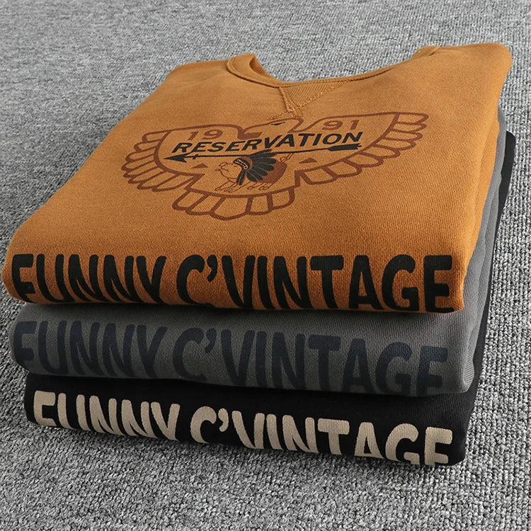 Winter American Retro 420g Thick Velvet Indian Elemet Printed Sweatshirts Men's Simple Washed Youth Casual Pullover Sportwear