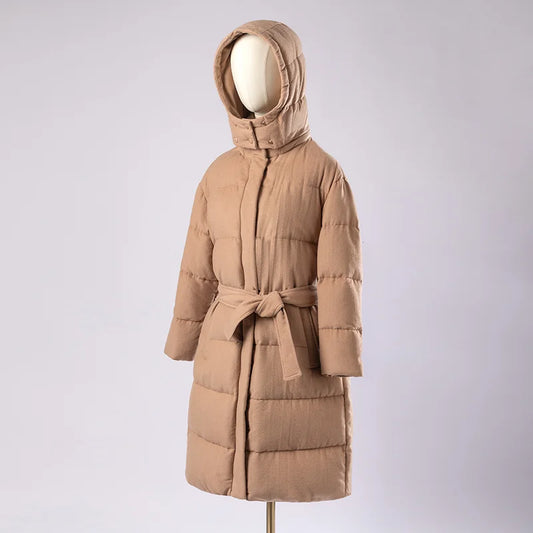 Women's Luxury Puffer Wool Winter Jacket, Duck Down Coat, Long Hat Detachable Hooded Outerwear For Ladies
