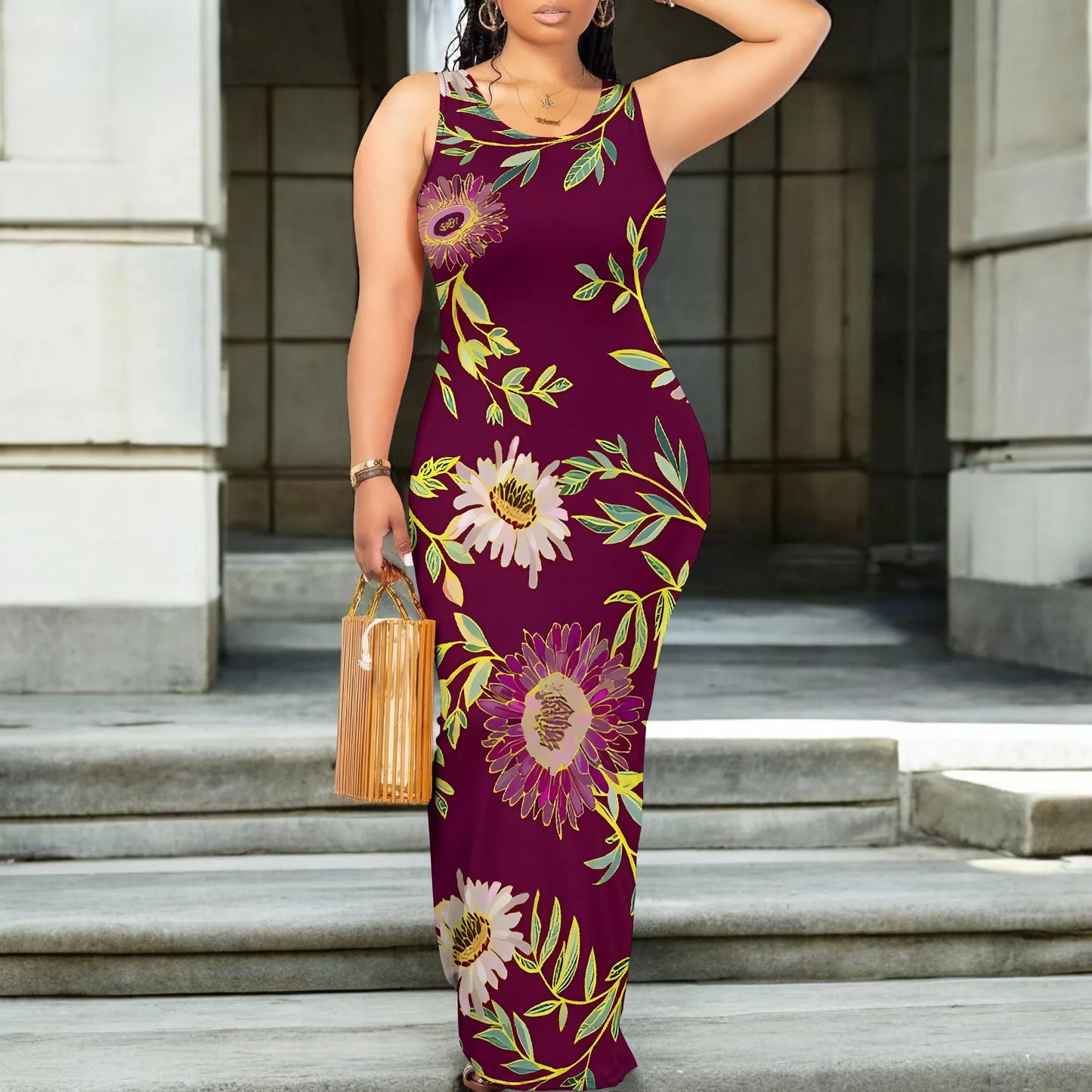 Boho Floral Sleeveless Maxi Dress for Women Vintage Burgundy Print Bodycon Long Dress Casual Spring Summer Outfit