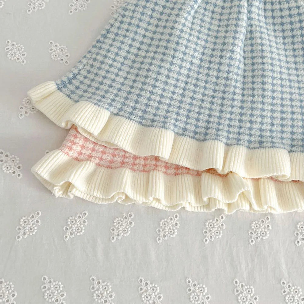 Spring Autumn Children's Clothing Set Girls Plaid Knitted Sweater and Skirt 2PCS Trendy Bow Cardigan Outfit 1-5Y Girls