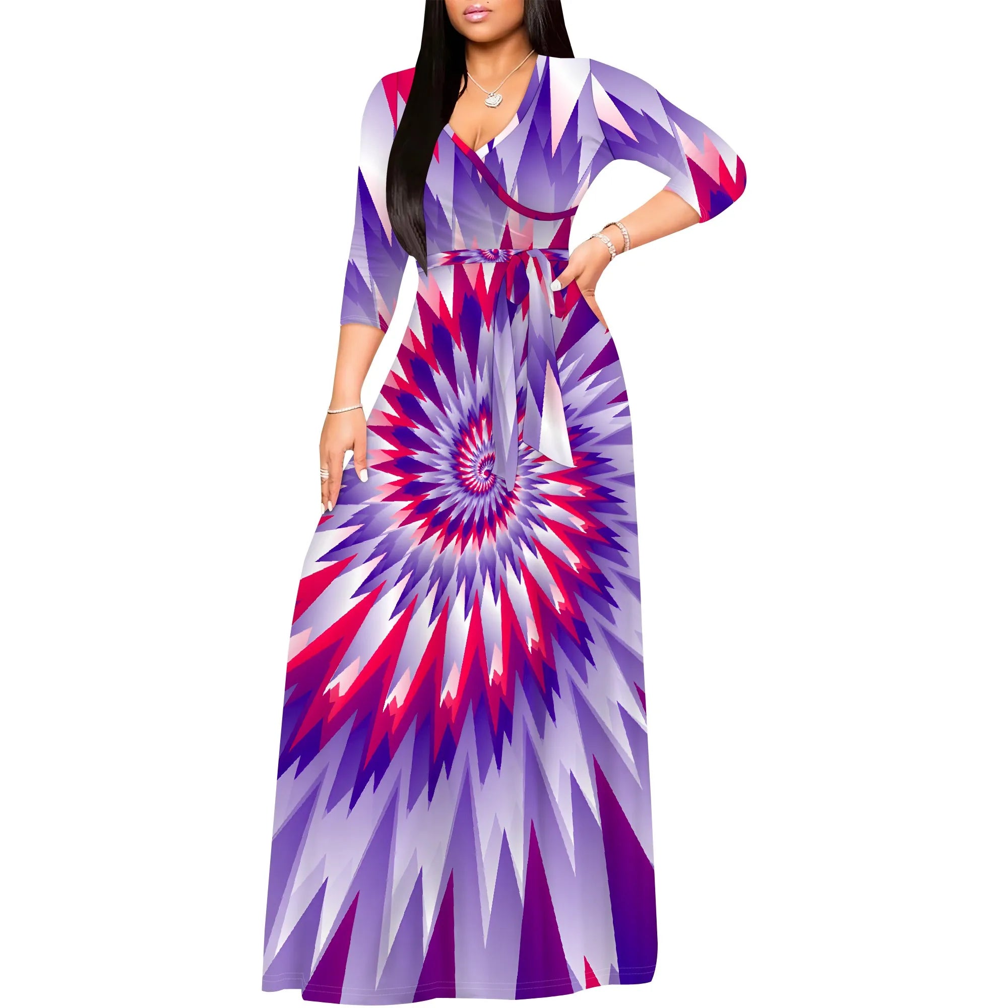 Colorful Tie-Dye V-Neck 3/4 Sleeve Wrap Maxi Dress with Belt - Women's Bold Bohemian Party Evening Resortwear